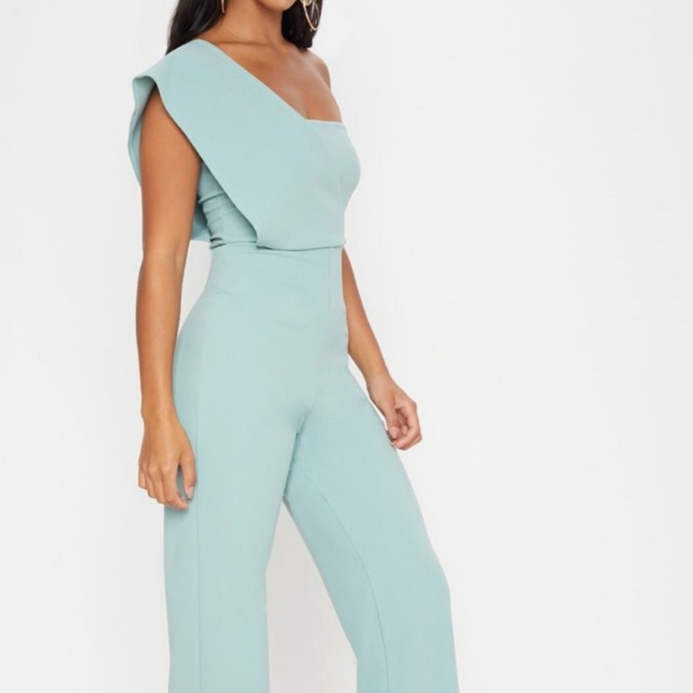 Prettylittlething Mint Green One Shoulder Jumpsuit